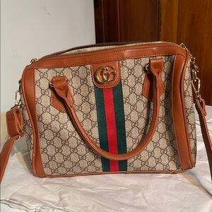 Gucci Beige and Brown Satchel with Red and Green Stripe